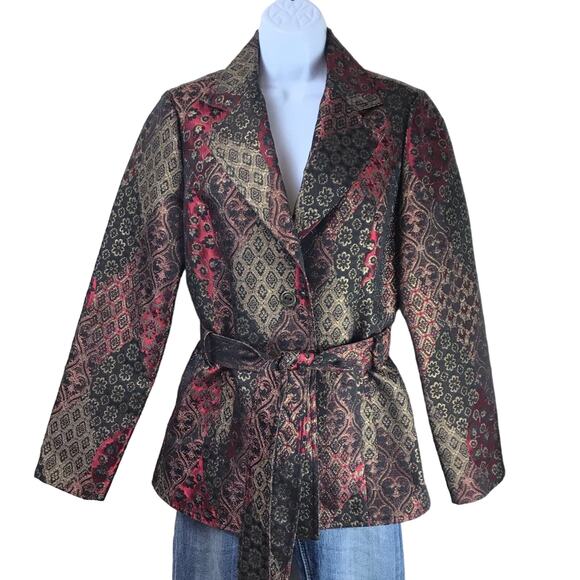 Cache Textured Brocade Jacket Belted Lined Sz 6 - Picture 1 of 9